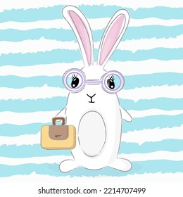 Smart rabbit professor. Smart and intelligent bunny portrait. Cartoon style or print on blue backdrop