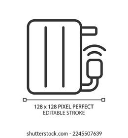 Smart radiator pixel perfect linear icon. Room temperature regulation. Control device via smartphone app. Thin line illustration. Contour symbol. Vector outline drawing. Editable stroke