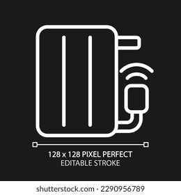 Smart radiator pixel perfect white linear icon for dark theme. Room temperature regulation. Control device via smartphone. Thin line illustration. Isolated symbol for night mode. Editable stroke