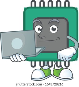 A smart RAM mascot icon working with laptop