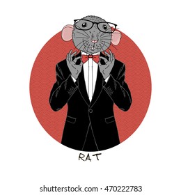 smart rat dressed up in tuxedo, Chinese horoscope, anthropomorphic illustration