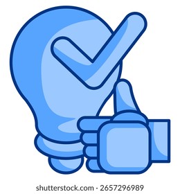 Ícone de recomendações inteligentes representado pelo sinal correto, lâmpada, mão robô Estilo azul.