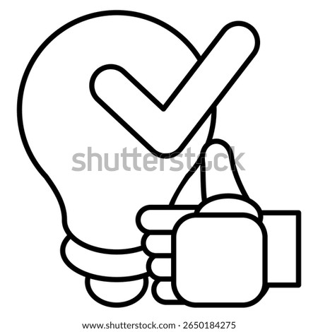 Smart recommendations icon represented by correct sign, light bulb, robot hand Line style.