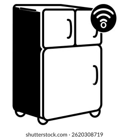 Ícone de refrigerador inteligente representado pela integração de nuvem estilo refrigerador preto preenchido.