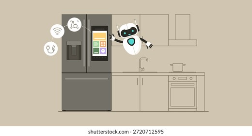 Refrigerador elegante con la pantalla táctil en la cocina y el robot lindo de la IA que señala, la automatización casera y el concepto de la tecnología