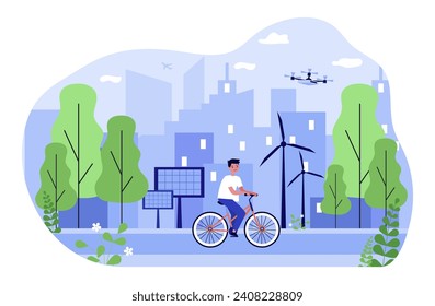 Smart region vector illustration. Modern city with solar panels, wind turbines, drone, roads and buildings made of biomaterials. Smart region, sustainable development, construction concept