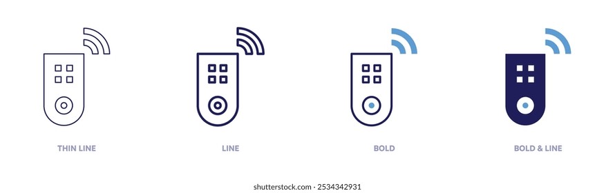 Icono de control remoto inteligente en 4 estilos diferentes. Línea delgada, línea, negrita y línea negrita. Estilo duotono. Trazo editable.