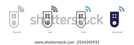 Smart remote control icon in 4 different styles. Thin Line, Line, Bold, and Bold Line. Duotone style. Editable stroke.