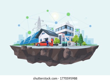 Smart Renewable Energy Power Grid System. Off-grid Household City Battery Storage Sustainable Island Electrification. Electric Car Charging With Solar Panels, Wind, High Voltage Power Grid And City. 