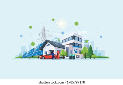 Smart renewable energy power grid system. Off-grid building city battery storage sustainable island electrification. Electric car charging with solar panels, wind, high voltage power grid and city. 