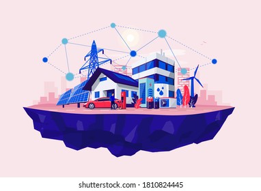 Smart Renewable Energy Power Grid System. Off-grid Household City Battery Storage Sustainable Island Electrification. Electric Car Charging With Solar Panels, Wind, High Voltage Power Grid And City. 