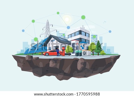 Smart renewable energy power grid system. Off-grid household city battery storage sustainable island electrification. Electric car charging with solar panels, wind, high voltage power grid and city. 