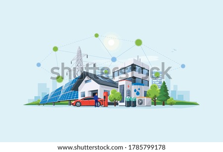 Smart renewable energy power grid system. Off-grid building city battery storage sustainable island electrification. Electric car charging with solar panels, wind, high voltage power grid and city. 