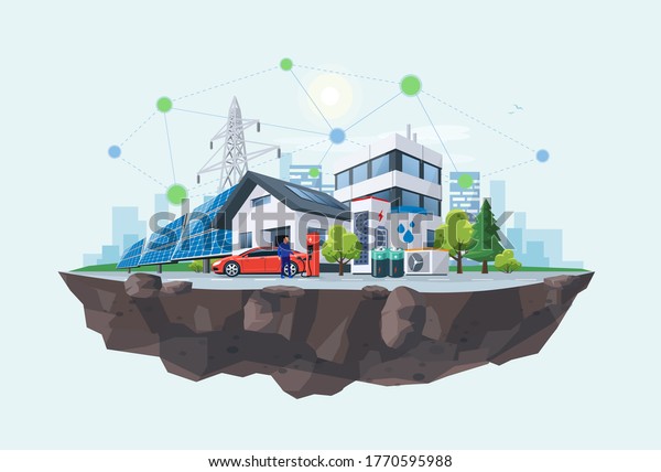 Smart renewable energy power grid system. Off-grid\
household city battery storage sustainable island electrification.\
Electric car charging with solar panels, wind, high voltage power\
grid and city. 