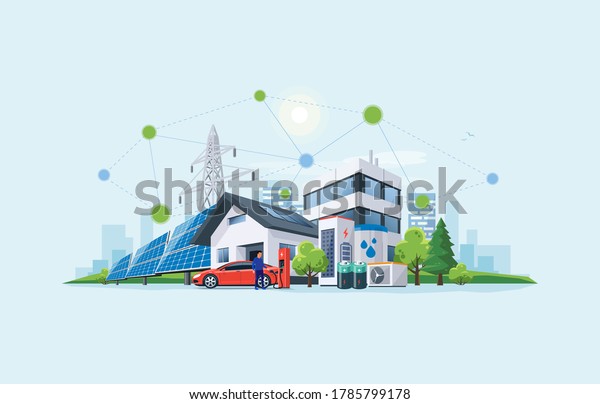 Smart renewable energy power grid system. Off-grid\
building city battery storage sustainable island electrification.\
Electric car charging with solar panels, wind, high voltage power\
grid and city. 