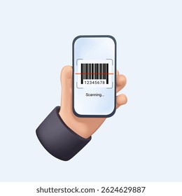 Conceito de varejo inteligente. Varredura de código de barras. Mãos usando varredura de código de barras para informações de produto no supermercado com seu telefone celular. Digitalize o ícone de renderização 3D do código QR com o telefone. Sistema de gerenciamento de depósito