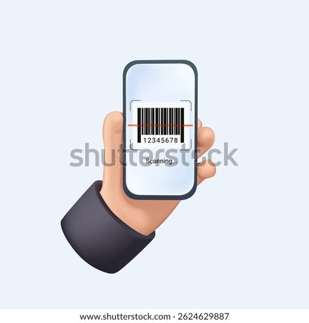 Smart retail concept. Barcode scanning. Hands using barcode scan for information of product in supermarket with her mobile phone. Scan QR code 3D render icon with phone. Warehouse management system