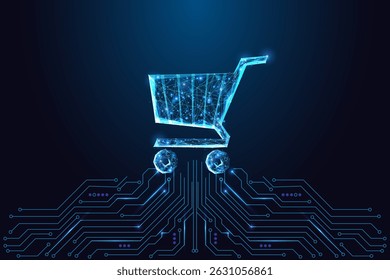 Conceito de comércio digital e varejo inteligente com carrinho de compras poligonal brilhante conectado à placa de circuito em fundo azul escuro. Estilo de poli baixo futurista, ilustração vetorial abstrata.