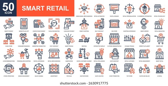 Conjunto de coleções de ícones do Smart Retail. Ícone de comércio eletrônico, gerenciamento de loja, compras on-line e marketing de vendas. Vetor de cor de linha simples.
