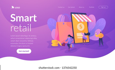 Smart retail, retail mobility solutions, IoT and smart city concept. Website homepage interface UI template. Landing web page with infographic concept hero header image.