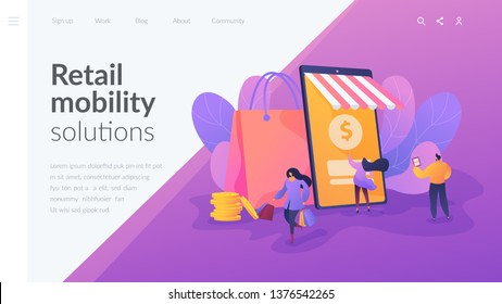 Smart retail, retail mobility solutions, IoT and smart city concept. Website homepage interface UI template. Landing web page with infographic concept hero header image.
