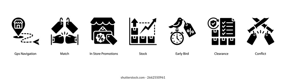 Ilustración vectorial de iconos de Anuncio de Web de navegación minorista inteligente con navegación GPS, fósforo, promociones en tienda, acciones, Early Bird, liquidación y conflicto.