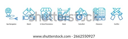 Smart Retail Navigation web banner icon vector illustration featuring GPS Navigation, Match, In Store Promotions, Stock, Early Bird, Clearance, and Conflict.