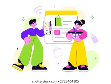 Ilustración vectorial De Tienda Minorista Inteligente Con Tecnología Digital Moderna, Sistema De Compras Automatizado Y Experiencia De Cliente Futurista