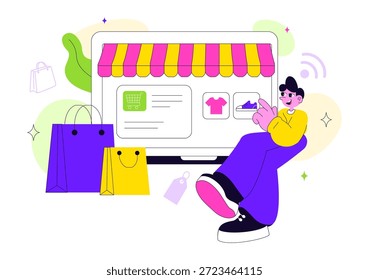 Ilustración vectorial De Tienda Minorista Inteligente Con Tecnología Digital Moderna, Sistema De Compras Automatizado Y Experiencia De Cliente Futurista