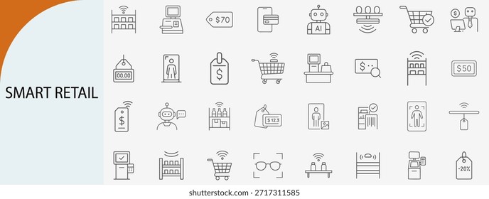 conjunto de ícones de tecnologia de varejo inteligente, vetor linear, compras automatizadas e símbolos de comércio digital