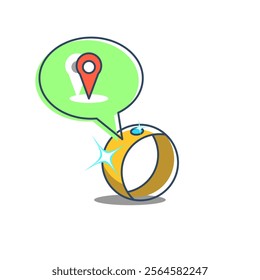 Smart ring with location pin icon, smart jewelry with GPS tracking capability. suitable for articles or content about smart accessories, wearable technology, and personal safety devices.