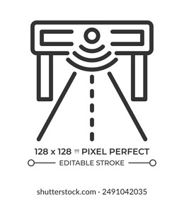 Smart road pixel perfect linear icon. Intelligent transport systems. Realtime monitoring, communication. Iot technology. Thin line illustration. Contour symbol. Vector outline drawing. Editable stroke