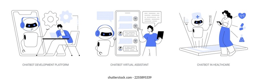 Smart robot abstract concept vector illustration set. Chatbot development platform, virtual assistant, artificial intelligence in healthcare, mobile application programming abstract metaphor.