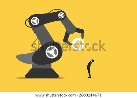 Smart robot arm giving golden coin money. concept of Automatic investment or savings, financial robot advisor or FinTech, technology using artificial intelligence for financial