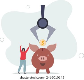 smart robot arm putting golden coin money into savings piggybank.flat vector illustration.