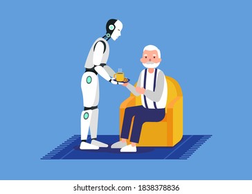 Smart robot with artificial intelligence supports grandfather and brings tea cup for him. Flat art illustration.