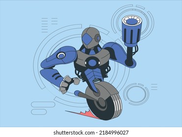Intelligente Roboter, Cyborg-wissenschaftliche Technologien und isoliertes Symbol. Vektorkomischer Roboter mit breitem Lächeln, Roboter-Maschinencharakter. Entdecken Sie den Weltraum und die Galaxie, die Hightech-Automatik