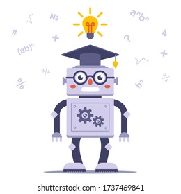 smart robot with glasses solves the problem. Flat character vector illustration.