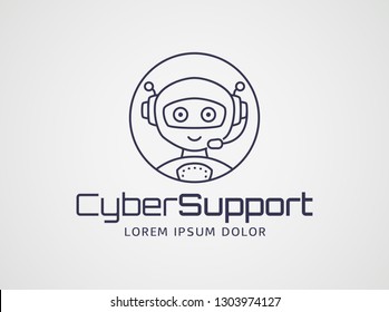 Smart robot with headset. Line logo template isolated on white background. Customer support, chatbot or virtual call center themes. Vector outline symbol.