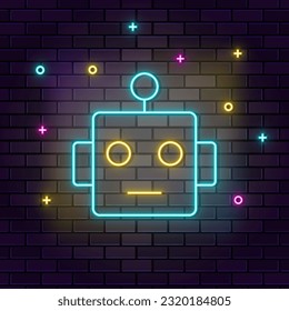 Smart, robot icon , neon on wall. Dark background brick wall neon icon.