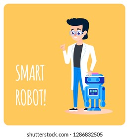 Smart Robot Machine with Human Scientist. Young Engineer Making Tech Science Project. Robotic Technology with Artificial Intelligence. Computer College Education for Talent Boy. Happy Man Character.