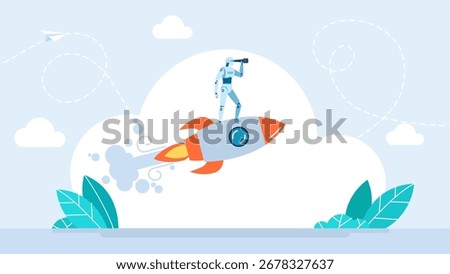 A smart robot on the rocket looking for something through binoculars. Scan. Analyze damage. Vigilance. Robot looking through binoculars. Collaboration with AI. Vector illustration