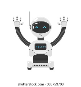 Smart robot on wheels with his hands raised up. Vector illustration for web site and print