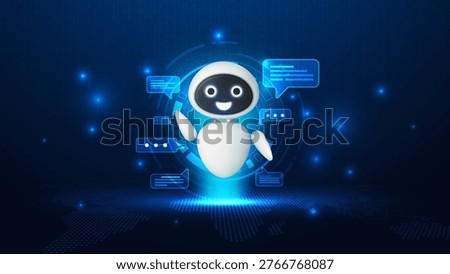 Smart robot with a speech bubble on a futuristic background. Chatbot online service and answer questions.  AI dialog. Data search optimization by artificial intelligence. vector illustration.
