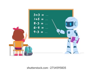 Smart Robot Teacher Explains Math Problems to Engaged Young Girl Student Raising Hand