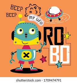 smart robot and ufo funny animal cartoon,vector illustration