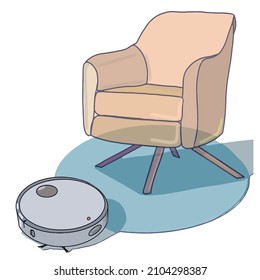 smart robot vacuum cleaner cleans a room with an armchair, Modern intelligent household appliances for cleaning an apartment. Flat vector