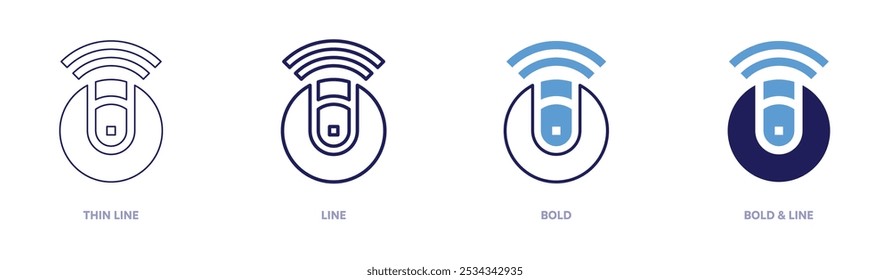 Icono de aspiradora robot inteligente en 4 estilos diferentes. Línea delgada, línea, negrita y línea negrita. Estilo duotono. Trazo editable.