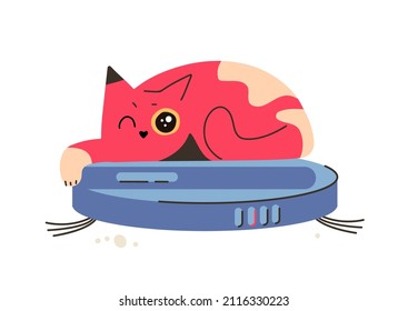 Elemento aislado de aspiradora robot inteligente. Gato sentado en una aspiradora que funciona y montado en ella. Aparatos modernos e inteligentes para limpiar el apartamento. Ilustración vectorial plana.
