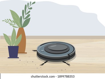 Smart robot vacuum cleaner in a modern living room. Wooden flooring, laminate flooring and potted plants. Modern smart home appliances for cleaning apartments. vector flat.